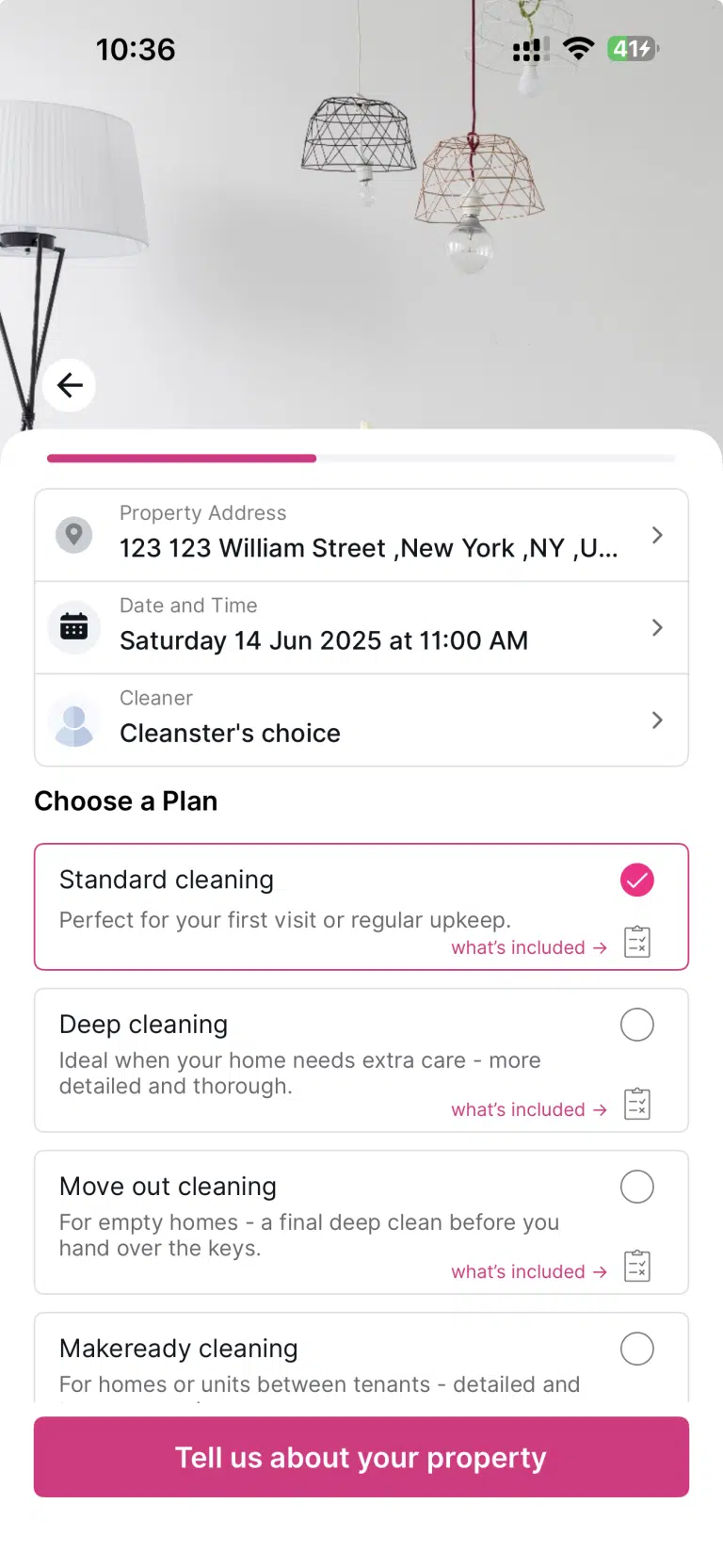 Cleanster app screen for choosing a cleaning plan